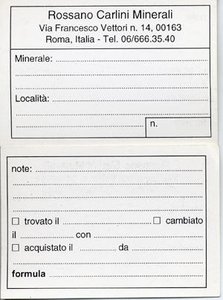 etichetta tipo della collezione Carlini - dal sito www.mineralsvillage.it